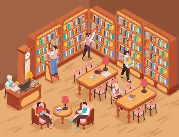 Free Vector Library background with books and reading symbols isometric vector illustration
