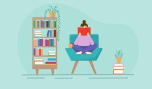 Download Flat illustration of a girl reading a book in a chair Interior of a room or home library