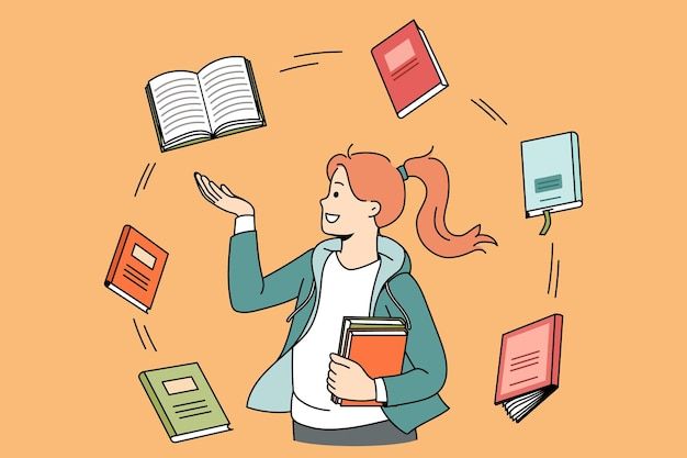 Premium Vector Education and reading books concept smiling girl student standing and looking at various books